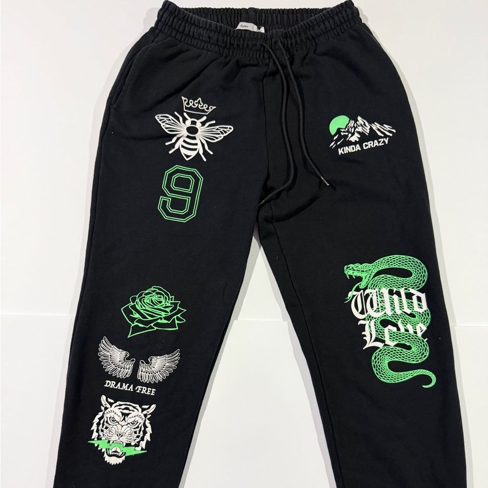 Graphic Black Sweatpants with Neon Green Accents
